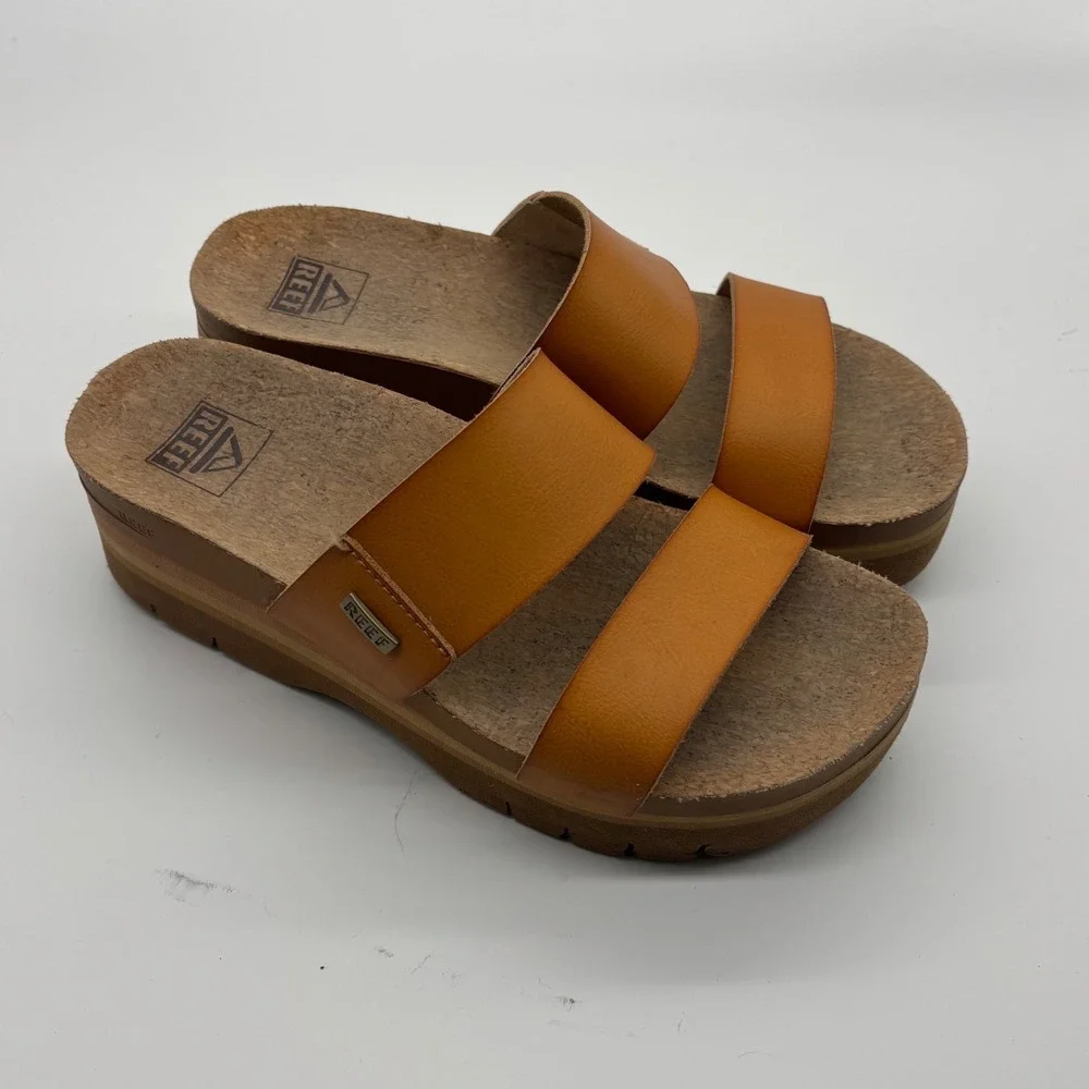 Reef Cushion Vista Hi 2.5 Tan Platform Slide Sandals Womens 7